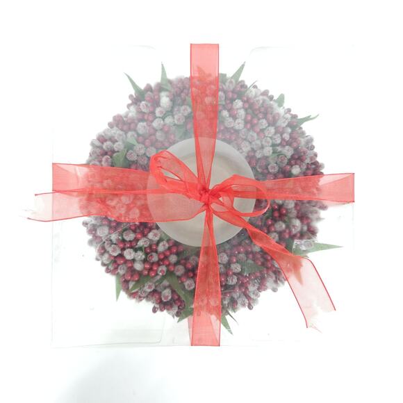 Christmas Berry Wreath Candle Votive Glass Red Frosted Cottagecore Country 7"D - Picture 2 of 4